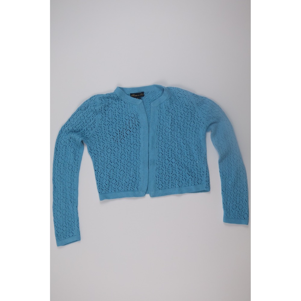 Monique du Rock Cardigan Pointelle Knit‎ M Blue Cropped Open Front Shrug Casual